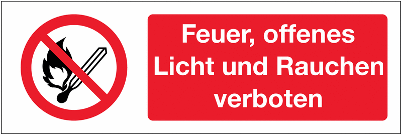 Kombi-Verbotszeichen-Schilder "Keine offene Flamme; Feuer, offene Zündquelle und Rauchen verboten" nach EN ISO 7010