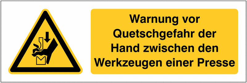 Warnung Quetschgefahr der Hand zwischen Werkzeugen einer Presse - ToughWash Sicherheits-Kombischilder, EN ISO 7010