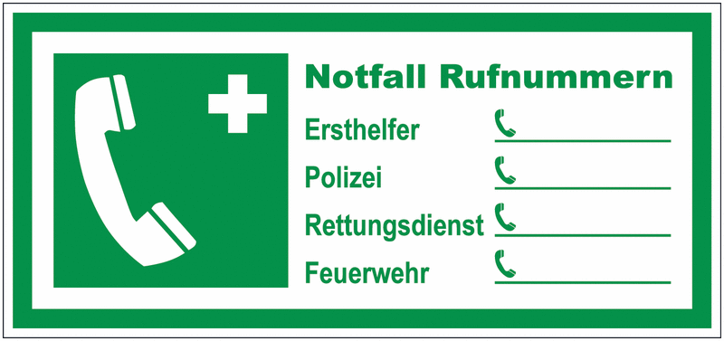 Erste-Hilfe-Schilder "Notrufnummern"