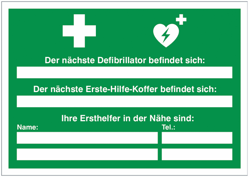 Ersthelfer / Defibrillator / Erste-Hilfe-Koffer - Notfall Hinweisschilder mit Symbolen nach EN ISO 7010