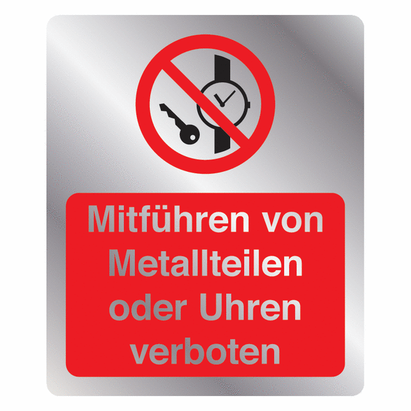 Kombi-Verbotszeichen-Schilder "Mitführen von Metallteilen und Uhren verboten" nach EN ISO 7010