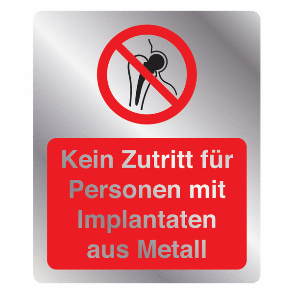 Kein Zutritt für Personen mit Implantaten aus Metall - Kombischilder in Metall-Optik, EN ISO 7010