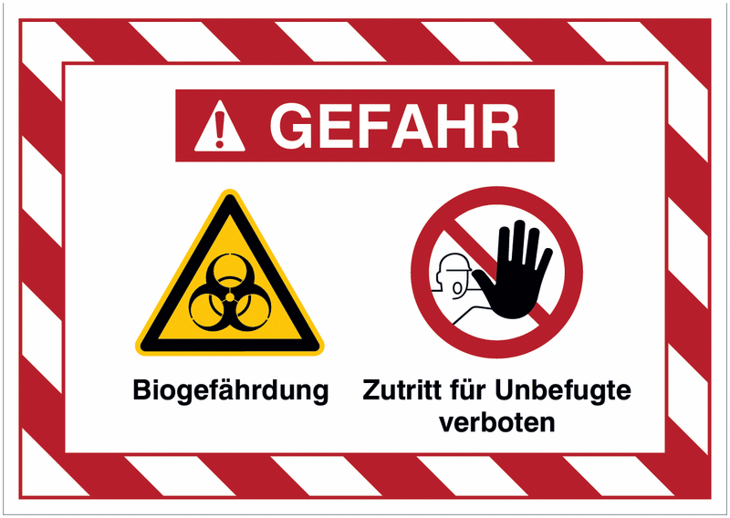 Mehrsymbolschilder mit schraffiertem Rahmen "Biogefährdung / Zutritt für Unbefugte verboten", EN ISO 7010