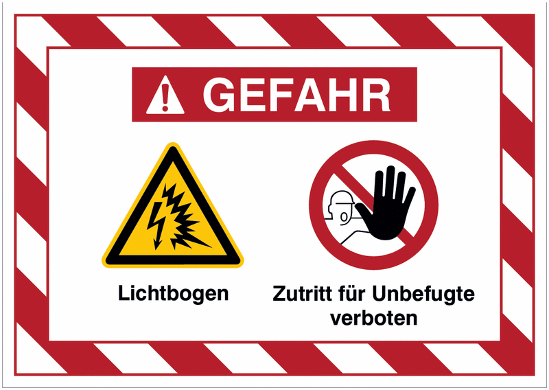 Mehrsymbolschilder mit schraffiertem Rahmen "Lichtbogen / Zutritt für Unbefugte verboten", EN ISO 7010