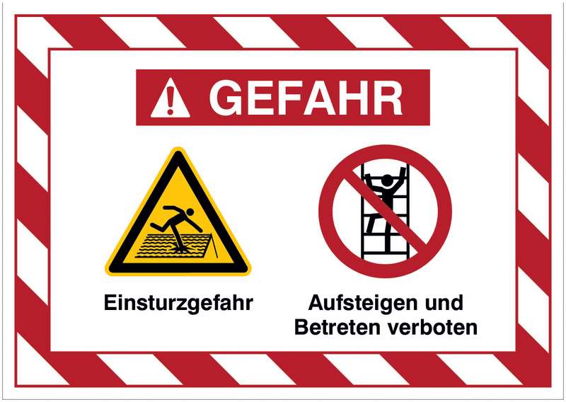 Mehrsymbolschilder mit schraffiertem Rahmen "Einsturzgefahr / Aufsteigen und Betreten verboten", EN ISO 7010
