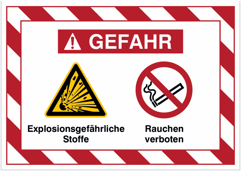 Mehrsymbolschilder mit schraffiertem Rahmen "Explosionsgefährliche Stoffe / Rauchen verboten", EN ISO 7010
