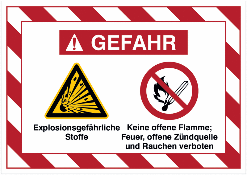 Mehrsymbolschilder mit schraffiertem Rahmen "Explosionsgefährliche Stoffe / Keine offene Flamme, ... und Rauchen verboten", EN ISO 7010