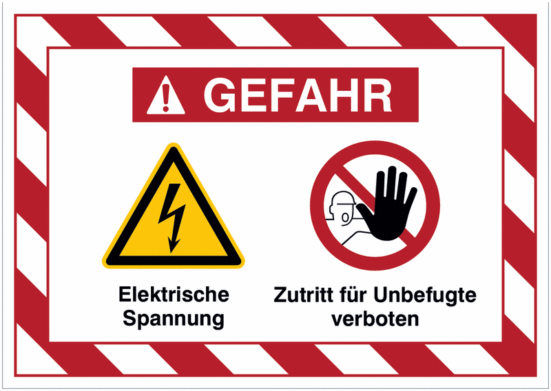 Mehrsymbolschilder mit schraffiertem Rahmen "Elektrische Spannung / Zutritt für Unbefugte verboten", EN ISO 7010