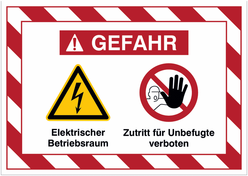 Mehrsymbolschilder mit schraffiertem Rahmen "Elektrischer Betriebsraum / Zutritt für Unbefugte verboten", EN ISO 7010