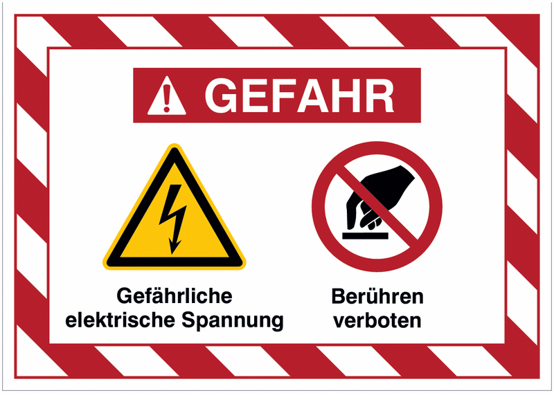 Mehrsymbolschilder mit schraffiertem Rahmen "Gefährliche elektrische Spannung / Berühren verboten", EN ISO 7010