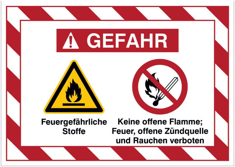 Mehrsymbolschilder mit schraffiertem Rahmen "Feuergefährliche Stoffe / Keine offene Flamme, ... und Rauchen verboten", EN ISO 7010