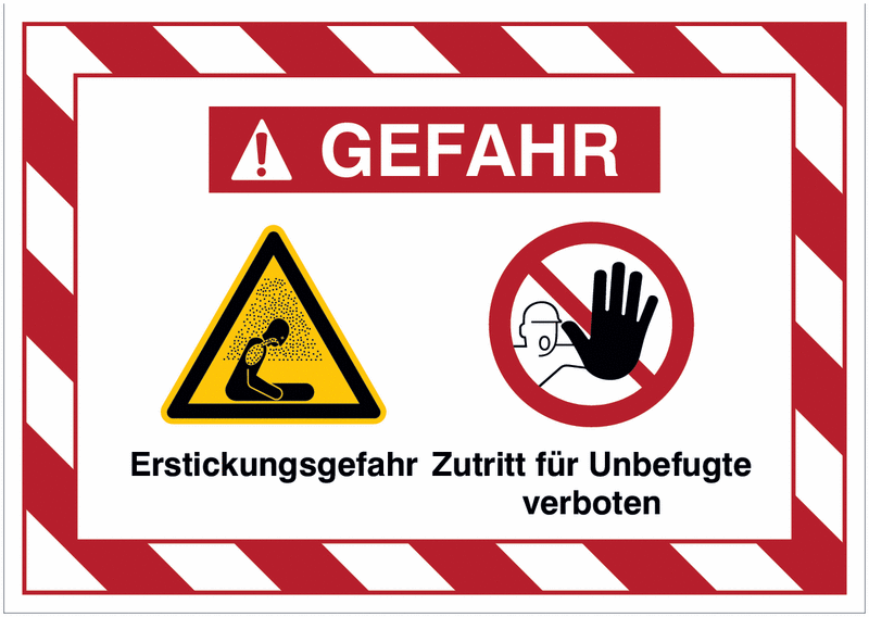 Mehrsymbolschilder mit schraffiertem Rahmen "Erstickungsgefahr / Zutritt für Unbefugte verboten", EN ISO 7010
