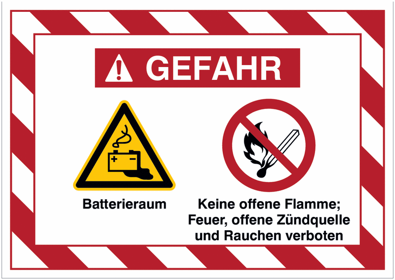Mehrsymbolschilder mit schraffiertem Rahmen "Batterieraum / Keine offene Flamme, Feuer, offene Zündquelle und Rauchen verboten", EN ISO 7010