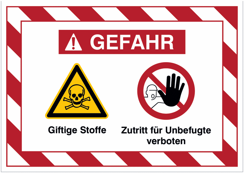 Mehrsymbolschilder mit schraffiertem Rahmen "Giftige Stoffe / Zutritt für Unbefugte verboten", EN ISO 7010