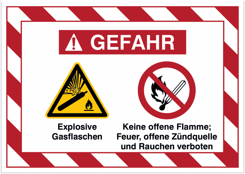 Mehrsymbolschilder mit schraffiertem Rahmen "Explosive Glasflasche / Keine offene Flamme, ... und Rauchen verboten", EN ISO 7010