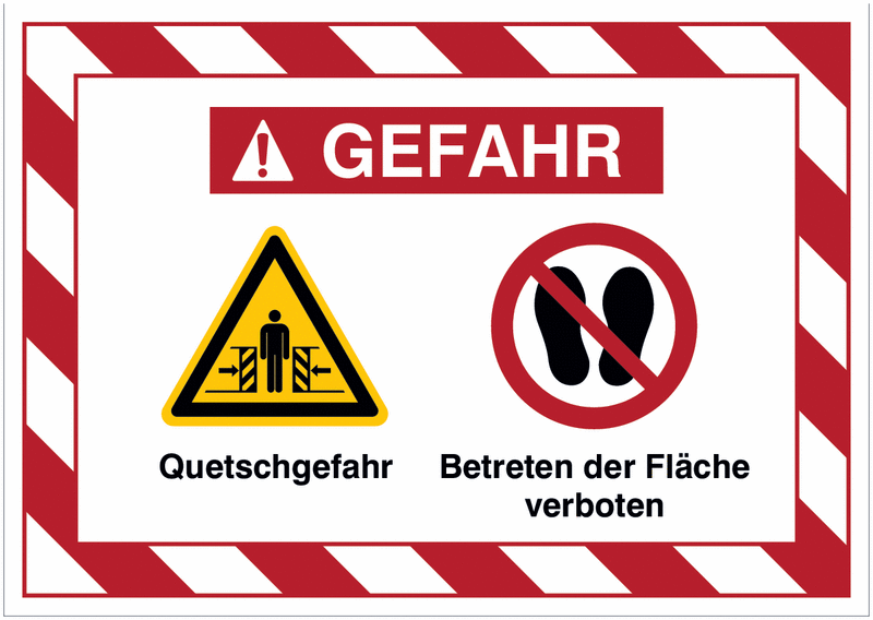 Mehrsymbolschilder mit schraffiertem Rahmen "Quetschgefahr / Betreten der Fläche verboten", EN ISO 7010