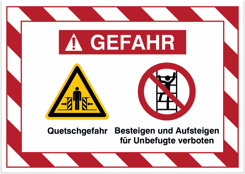 Mehrsymbolschilder mit schraffiertem Rahmen "Quetschgefahr / Besteigen und Aufsteigen für Unbefugte verboten", EN ISO 7010