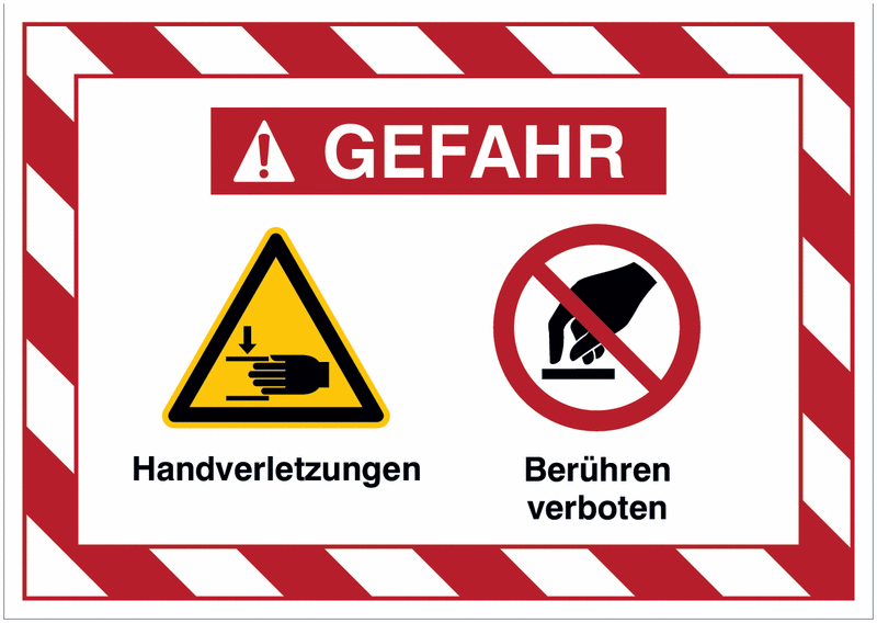 Mehrsymbolschilder mit schraffiertem Rahmen "Handverletzungen / Hineinfassen verboten", EN ISO 7010