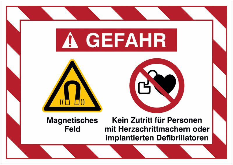 Mehrsymbolschilder mit schraffiertem Rahmen "Magnetisches Feld / Kein Zutritt für Personen mit Herzschrittmacher", EN ISO 7010