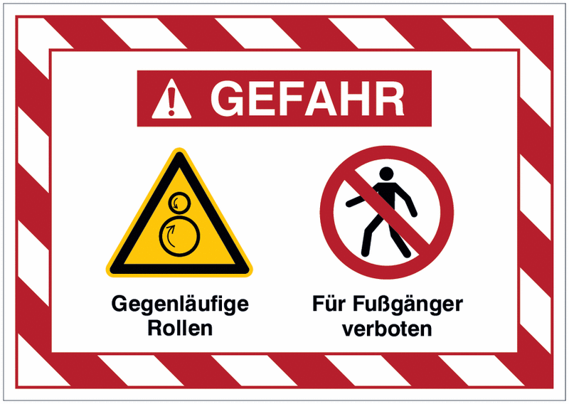 Mehrsymbolschilder mit schraffiertem Rahmen "Gegenläufige Rollen / Für Fußgänger verboten", EN ISO 7010