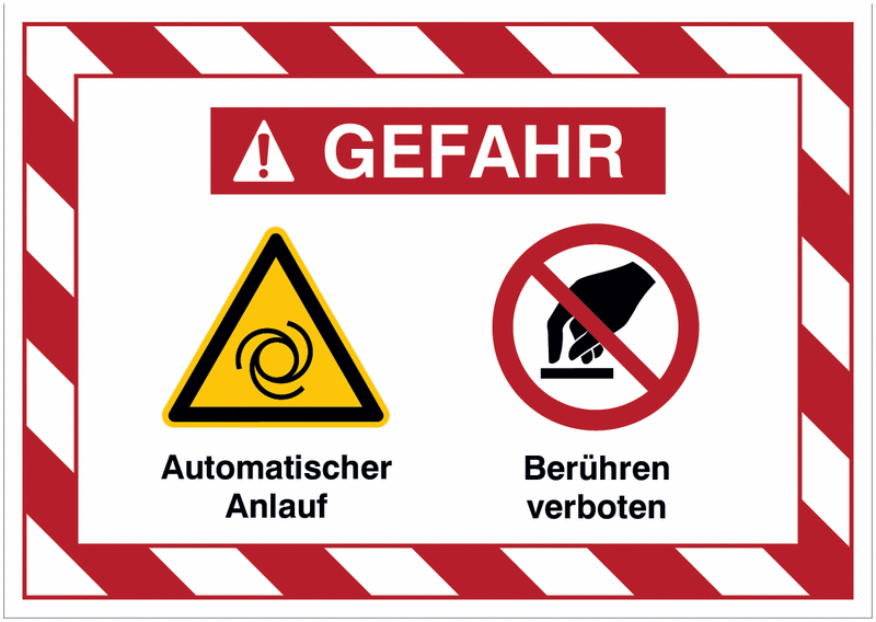 Mehrsymbolschilder mit schraffiertem Rahmen "Automatischer Anlauf / Berühren verboten", EN ISO 7010