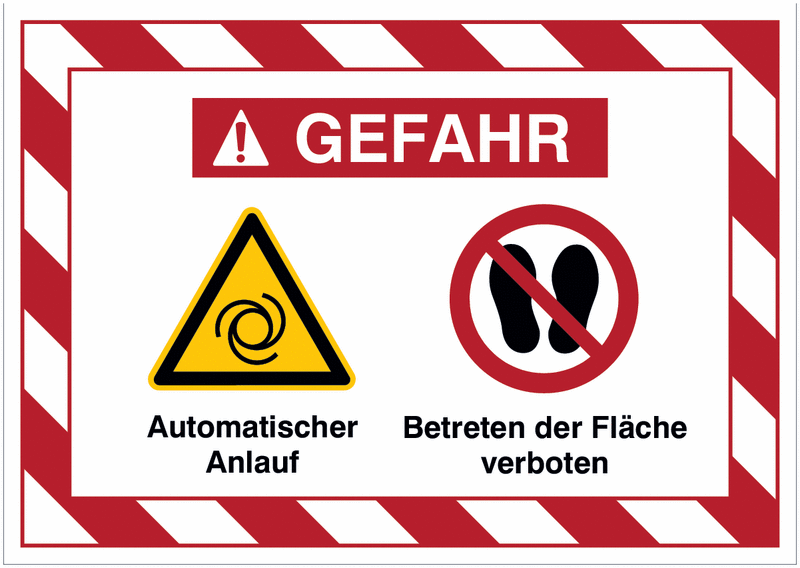 Mehrsymbolschilder mit schraffiertem Rahmen "Automatischer Anlauf / Betreten der Fläche verboten", EN ISO 7010