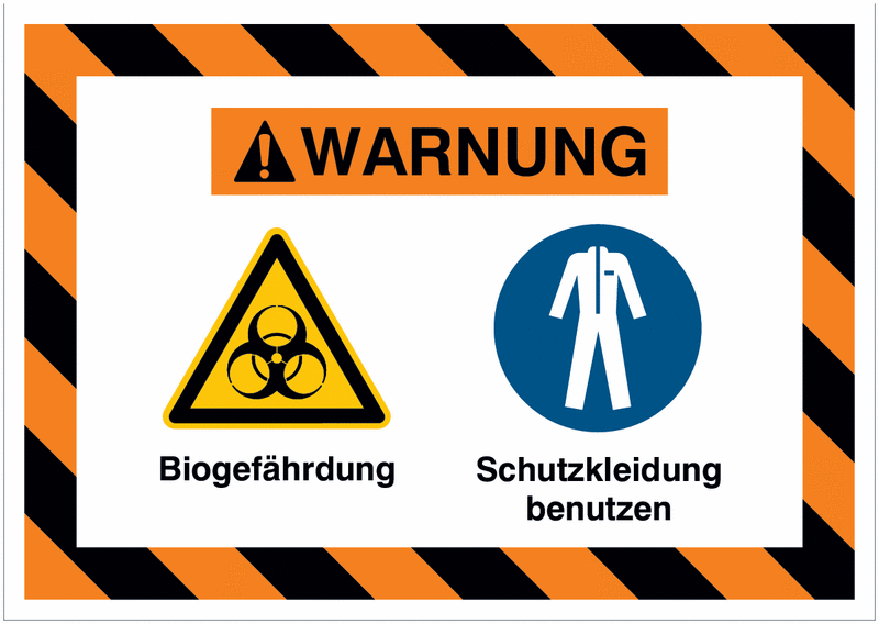 Mehrsymbolschilder mit schraffiertem Rahmen "Biogefährdung / Schutzkleidung benutzen", EN ISO 7010