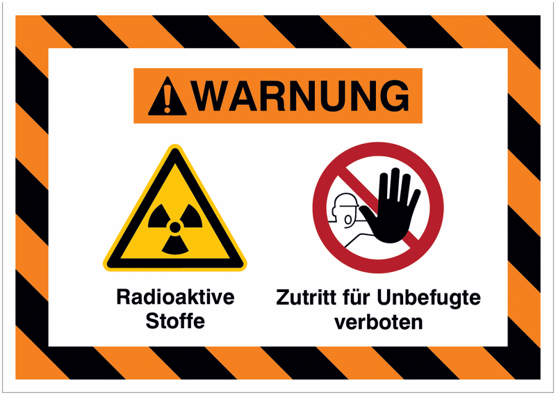 Mehrsymbolschilder mit schraffiertem Rahmen "Radioaktive Stoffe / Zutritt für Unbefugte verboten", EN ISO 7010