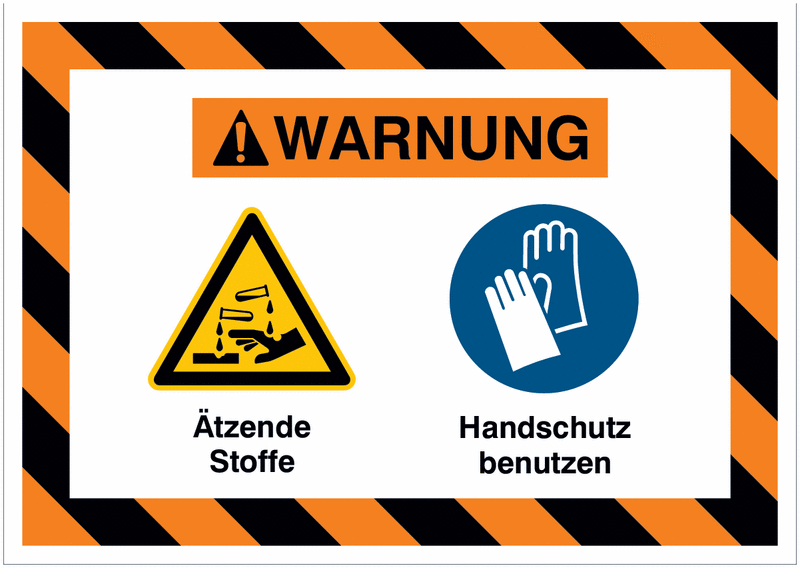 Mehrsymbolschilder mit schraffiertem Rahmen "Ätzende Stoffe / Handschutz benutzen", EN ISO 7010