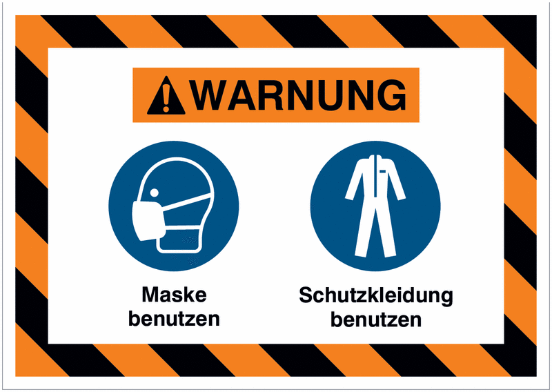 Mehrsymbolschilder mit schraffiertem Rahmen "Maske benutzen / Schutzkleidung benutzen", EN ISO 7010