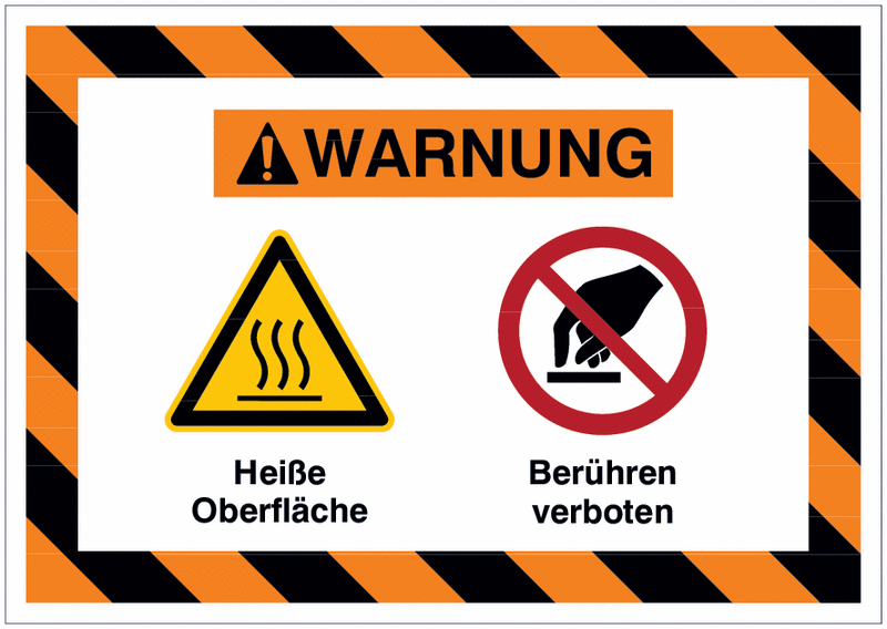 Mehrsymbolschilder mit schraffiertem Rahmen "Heiße Oberfläche / Berühren verboten", EN ISO 7010
