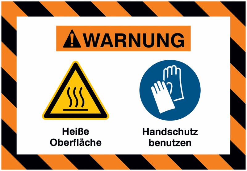 Mehrsymbolschilder mit schraffiertem Rahmen "Heiße Oberfläche / Handschutz benutzen", EN ISO 7010