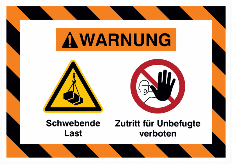 Mehrsymbolschilder mit schraffiertem Rahmen "Schwebende Last / Zutritt für Unbefugte verboten", EN ISO 7010