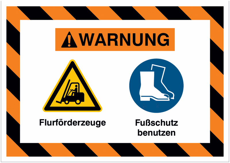 Mehrsymbolschilder mit schraffiertem Rahmen "Flurförderzeuge / Fußschutz benutzen", EN ISO 7010