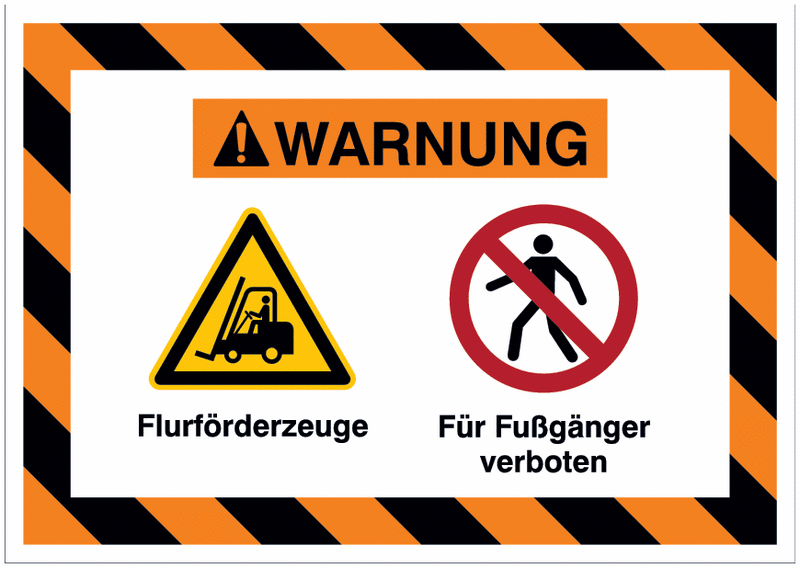 Mehrsymbolschilder mit schraffiertem Rahmen "Flurförderzeuge / Für Fußgänger verboten", EN ISO 7010