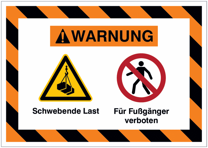Mehrsymbolschilder mit schraffiertem Rahmen "Schwebende Last / Für Fußgänger verboten", EN ISO 7010