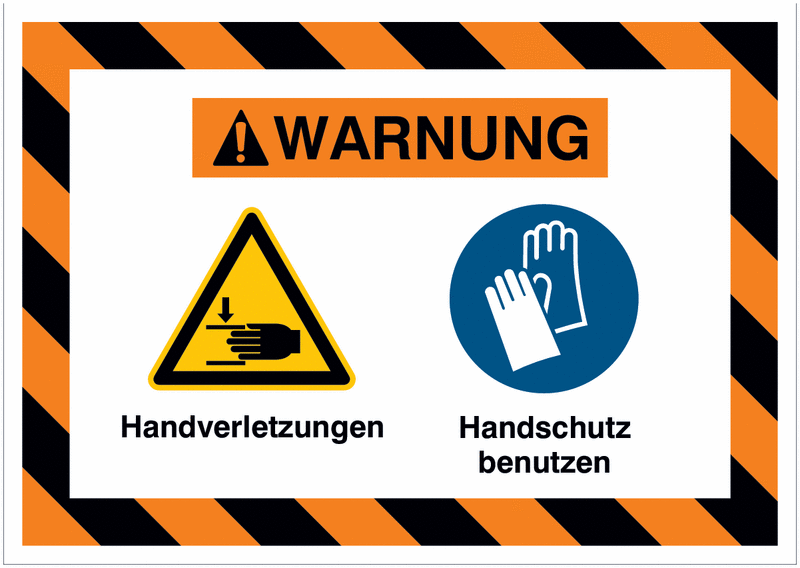 Mehrsymbolschilder mit schraffiertem Rahmen "Handverletzungen / Handschutz benutzen", EN ISO 7010