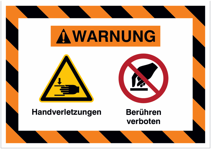 Mehrsymbolschilder mit schraffiertem Rahmen "Handverletzungen / Berühren verboten", EN ISO 7010