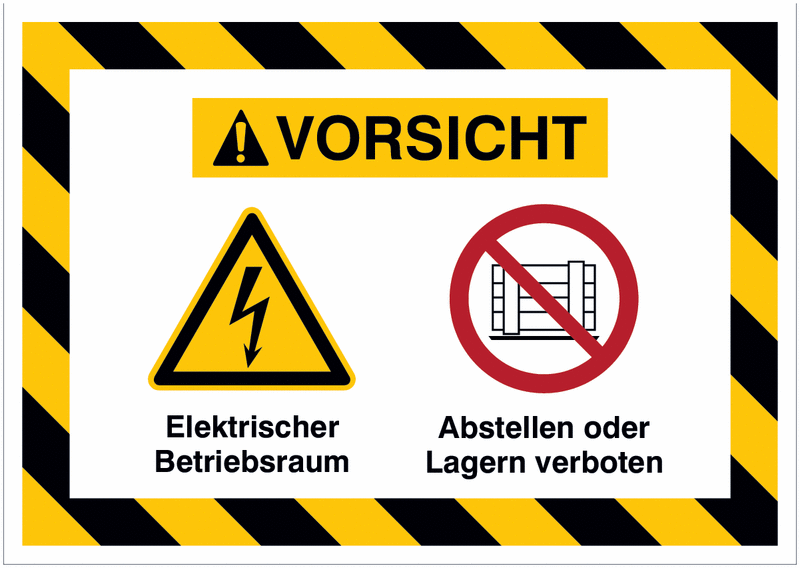 Mehrsymbolschilder mit schraffiertem Rahmen "Elektrischer Betriebsraum / Abstellen oder Lagern verboten", EN ISO 7010