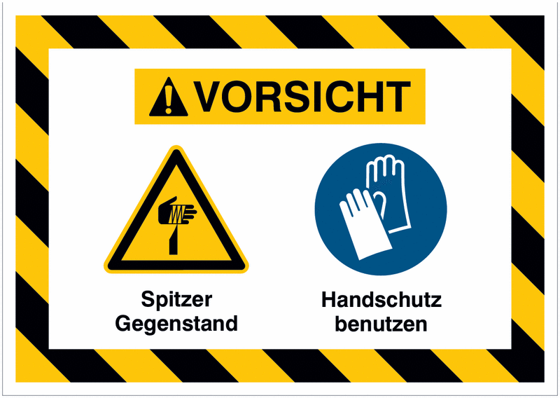 Mehrsymbolschilder mit schraffiertem Rahmen "Spitzer Gegenstand / Handschutz benutzen", EN ISO 7010