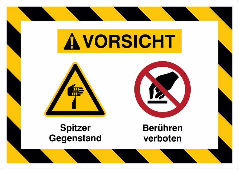 Mehrsymbolschilder mit schraffiertem Rahmen "Spitzer Gegenstand / Berühren verboten", EN ISO 7010