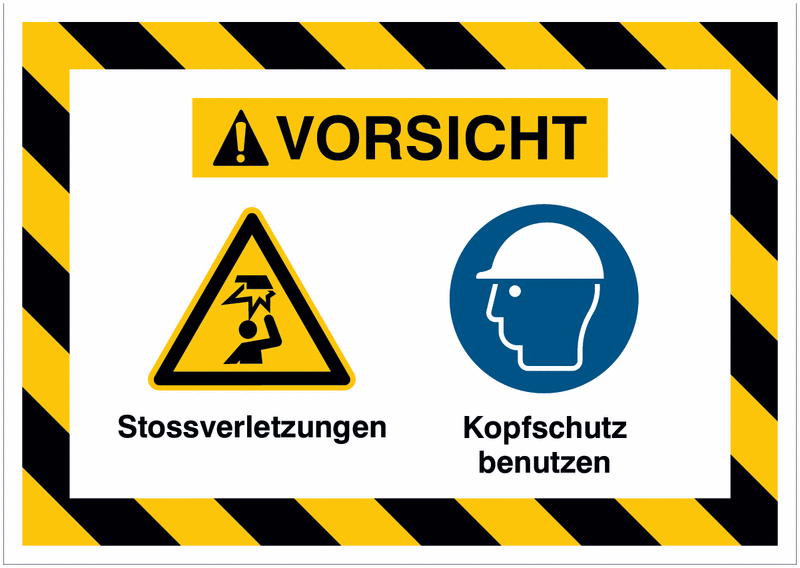 Mehrsymbolschilder mit schraffiertem Rahmen "Stossverletzungen / Kopfschutz benutzen", EN ISO 7010