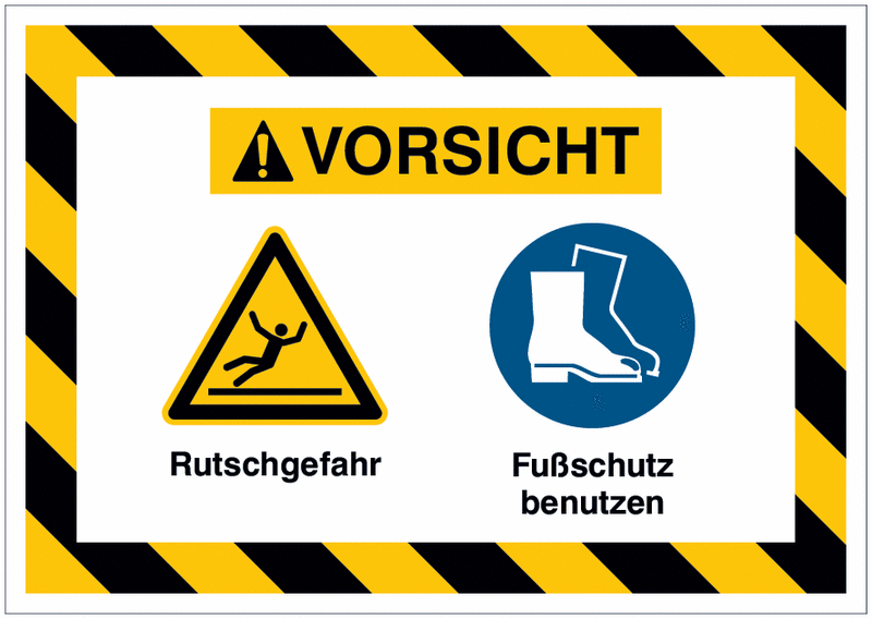 Mehrsymbolschilder mit schraffiertem Rahmen "Rutschgefahr / Fußschutz benutzen", EN ISO 7010