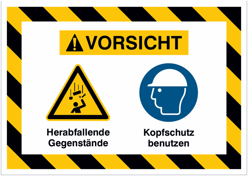 Mehrsymbolschilder mit schraffiertem Rahmen "Herabfallende Gegenstände / Kopfschutz benutzen", EN ISO 7010