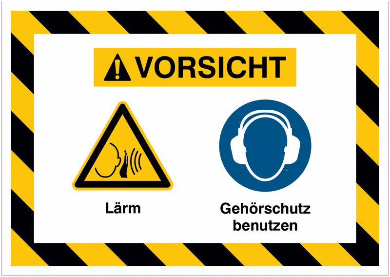 Mehrsymbolschilder mit schraffiertem Rahmen "Lärm / Gehörschutz benutzen", EN ISO 7010