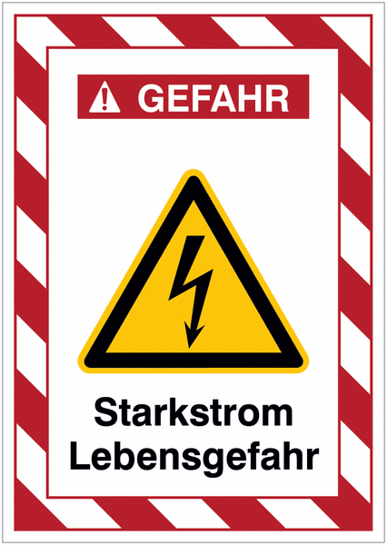 Kombi-Gefahrenschilder mit Signalrahmen "Starkstrom Lebensgefahr" nach EN ISO 7010