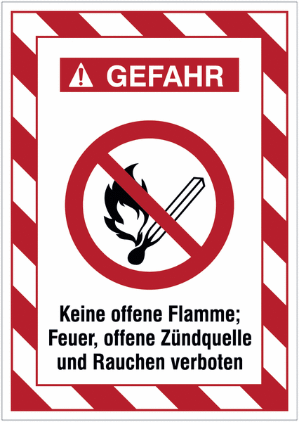 Kombi-Gefahrenschilder mit Signalrahmen "Keine offene Flamme; Feuer, offene Zündquelle und Rauchen verboten" nach EN ISO 7010