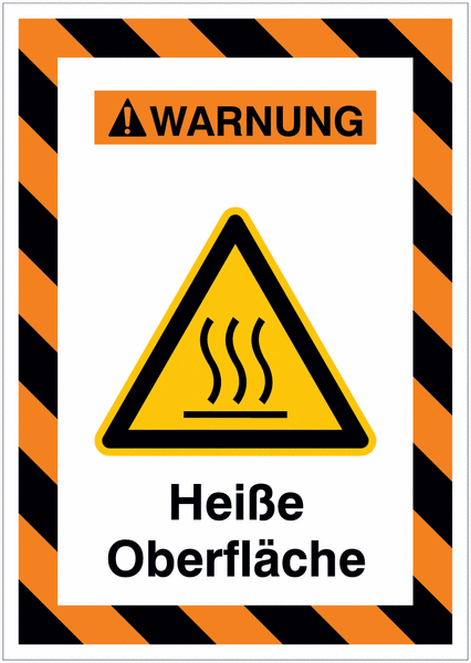 Kombi-Gefahrenschilder mit Signalrahmen "Warnung vor heißer Oberfläche" nach EN ISO 7010