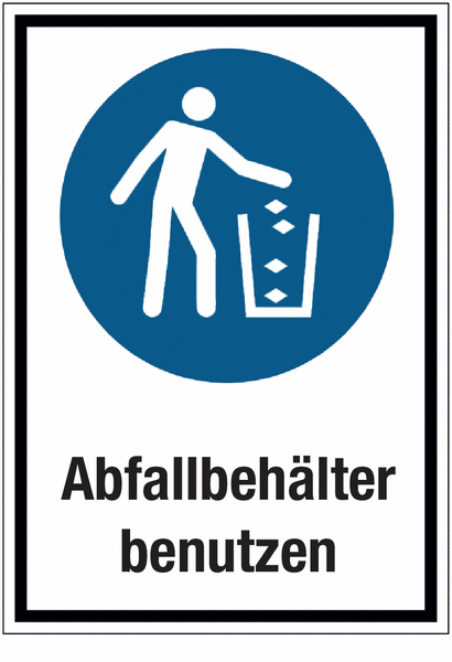 Hinweisschilder mit Gebotszeichen "Abfallbehälter benutzen" nach EN ISO 7010