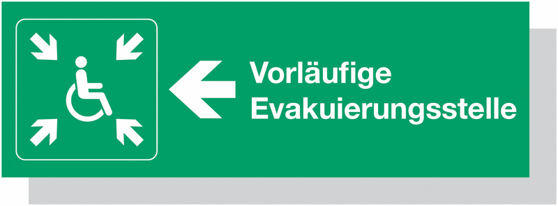 Vorläufige Evakuierungsstelle, links – Fluchtwegskennzeichnung, lasergraviert mit Symbol nach EN ISO 7010